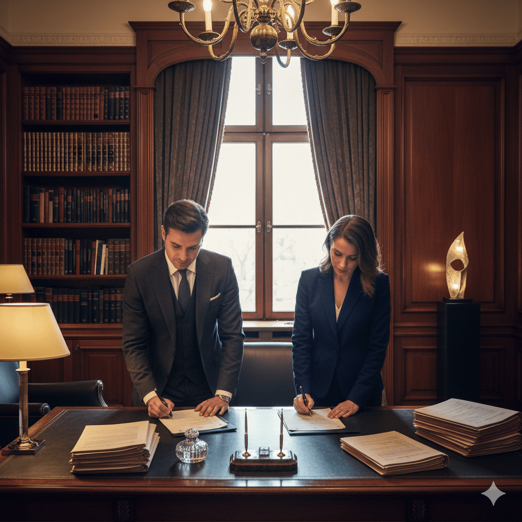 AMD와 openAi의 대표가 칩 공급계약에 서명하는 모습을 상상하여 이미지로 표현함