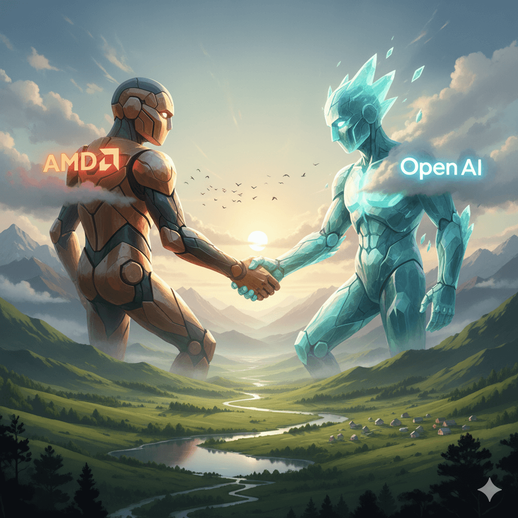 amd와 openai라는 두 거인이 악수 하는 모습으로 칩공급계약을 시각화 한 사진