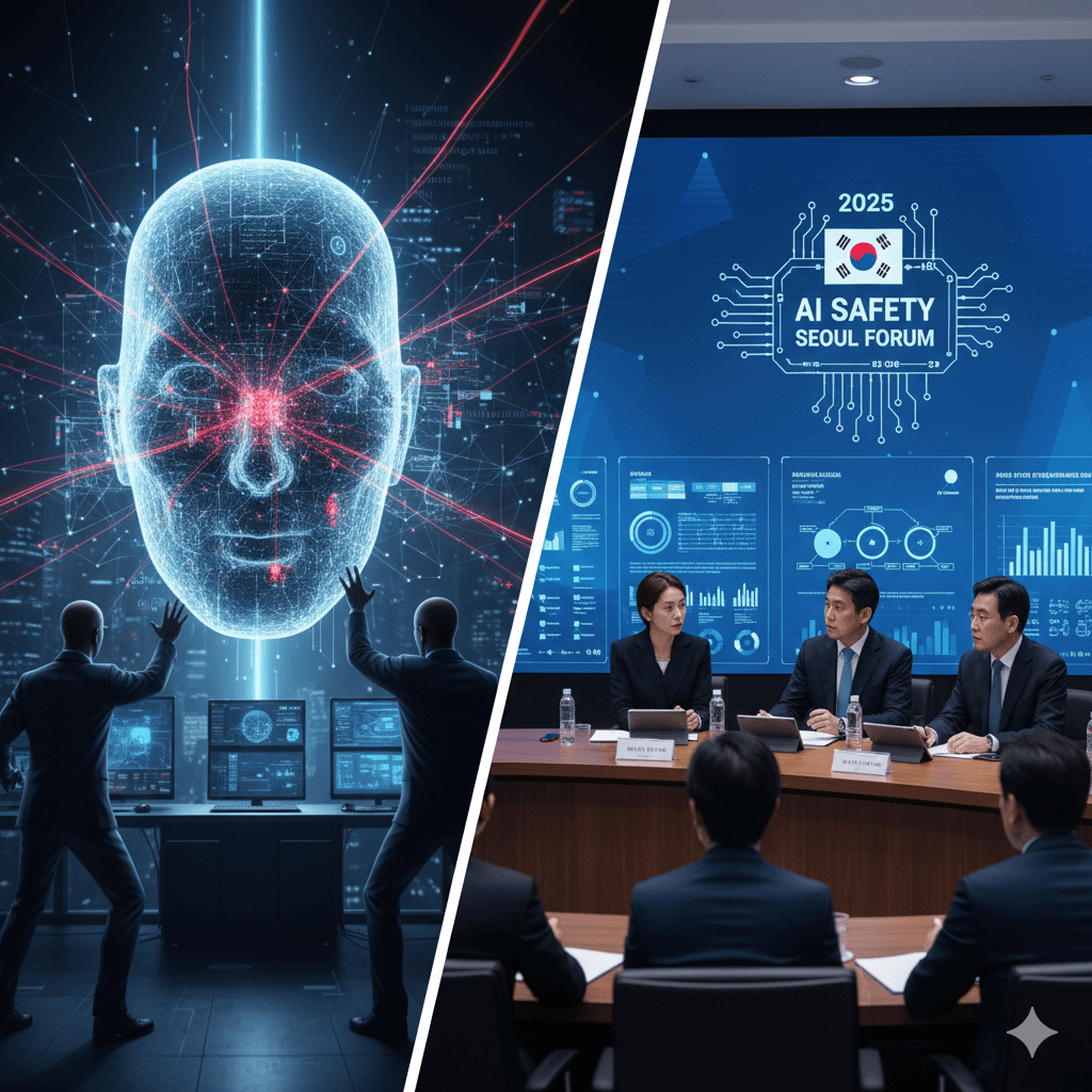 AI 레드티밍의 개념의 시각화와 서울 포럼에서 전문가들이 심각하게 AI 안전을 논의하는 모습