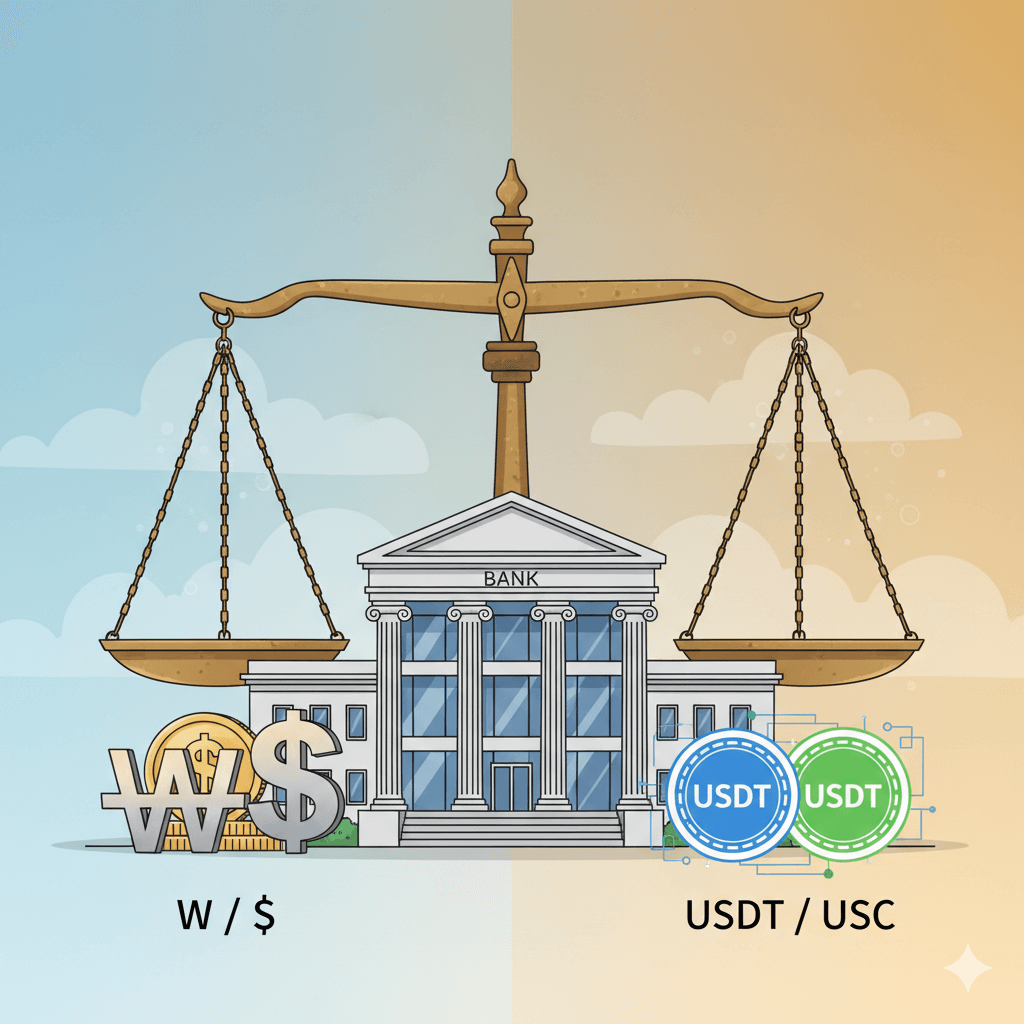 원 달러 환율 급등기에서 스테이블코인을 통한 자산 헷지를 천칭에 올려비교해보는 사진